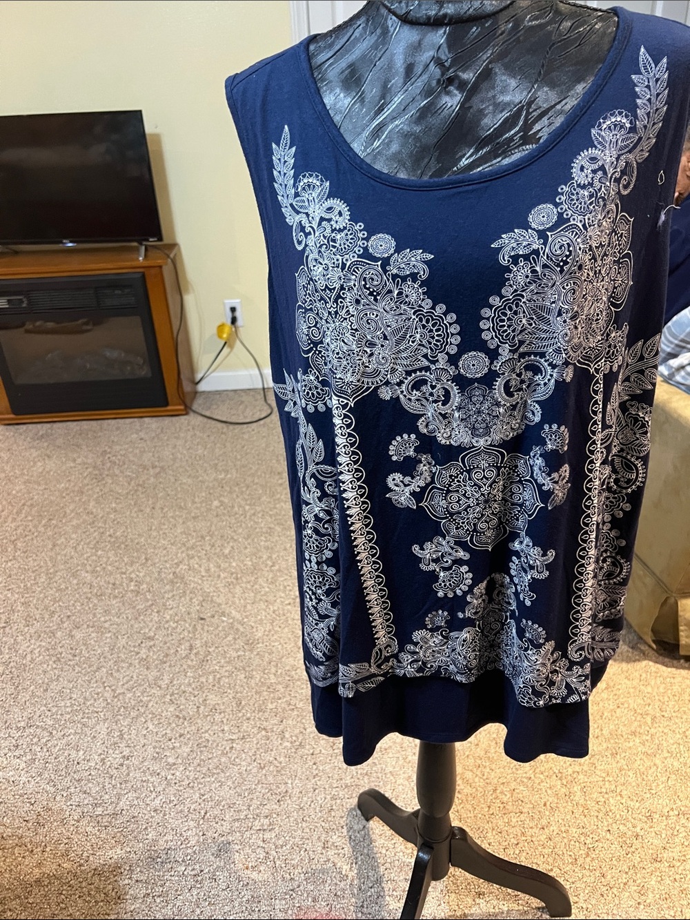 Women’s Navy Blue Sleeveless Tank with White Paisley Print
